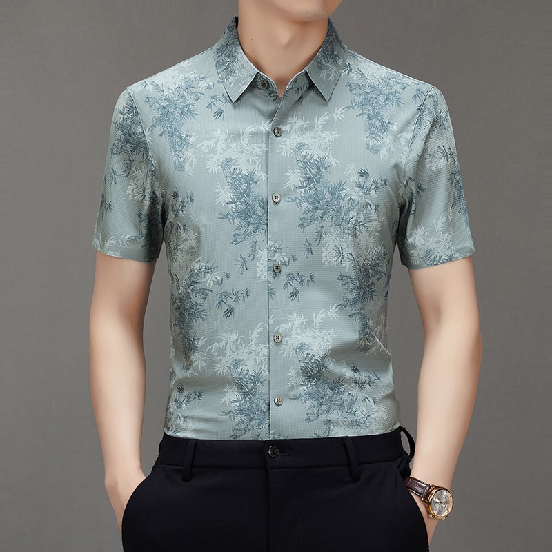 男款印花冰丝无痕短袖衬衫中年男士2025夏L季休闲薄衬衣爸爸装百