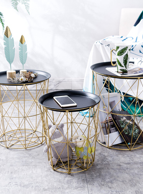 北欧风网红铁艺沙发边角几小茶几摆件简约卧室床头柜储物小圆桌子