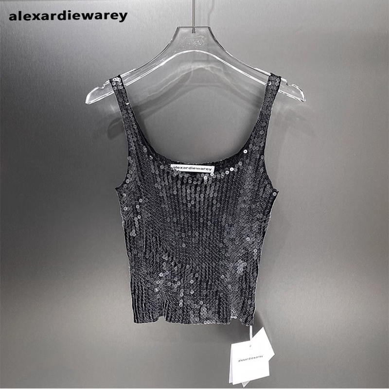 美式复古2025夏季新款修身百搭亮片无袖上衣窄肩u领短款背心女