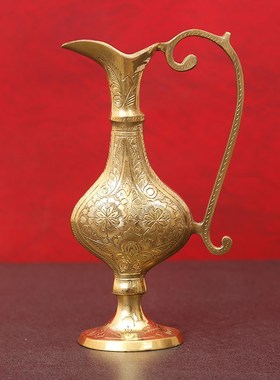 纯铜花瓶摆件巴基斯坦特色雕刻家居装饰品复古黄铜扁壶书房工艺品