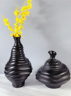 黑白色现代波浪条纹树脂异形花瓶家居客厅酒店会所装饰品