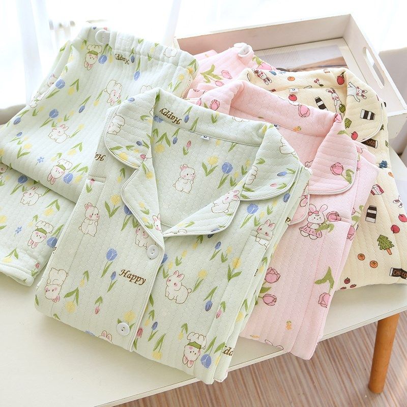 秋冬夹棉空气层纯棉月子服产后哺乳孕妇睡衣托腹10月份待产喂奶