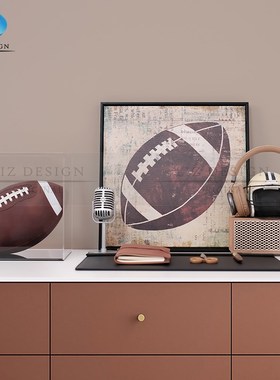 轻奢样板间儿童房摆件书桌软装美式橄榄球主题桌面耳机音箱装饰品