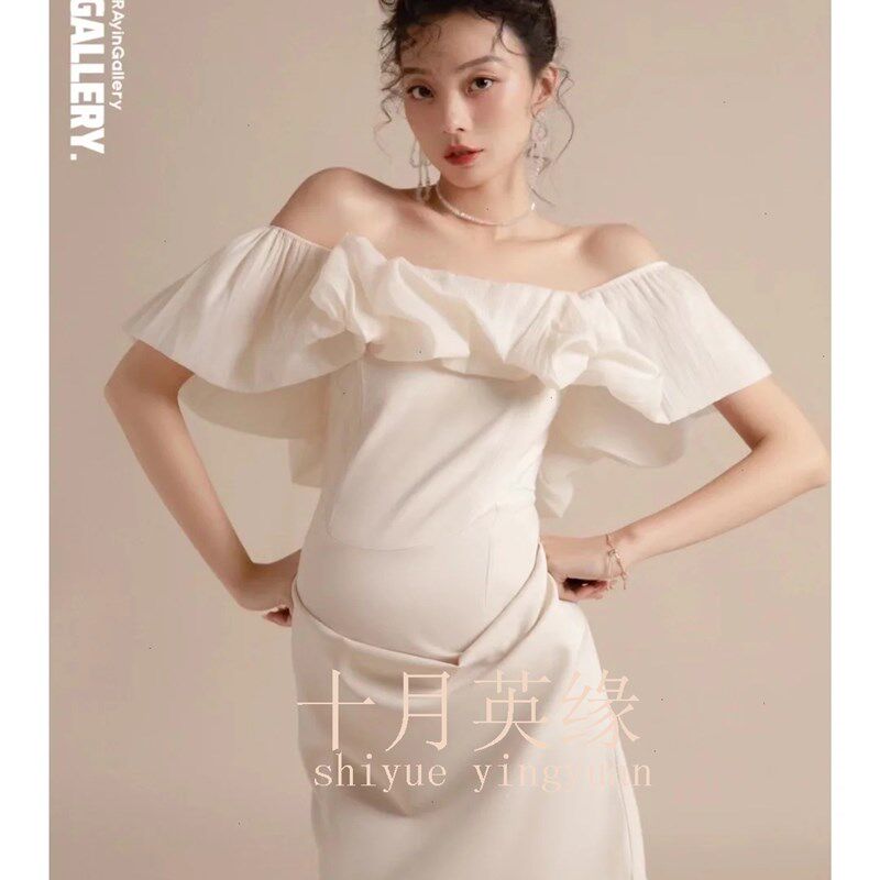 22新款孕妇照写真照片影楼高级感白色抹胸礼服孕妈咪写真拍照服装
