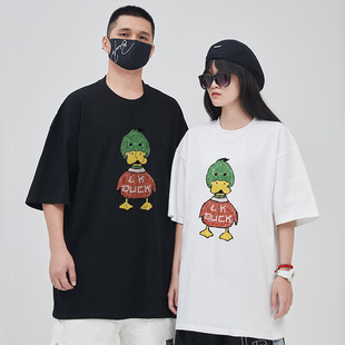 300g重磅鸭子国潮情侣短袖t恤街头大码男装圆领纯棉胖子男生半袖