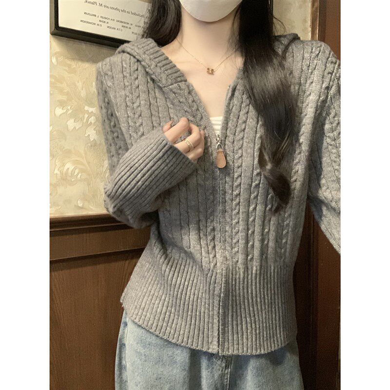 老钱风秋冬连帽辣妈款外出哺乳针织开衫产后喂奶上衣打底毛衣外套