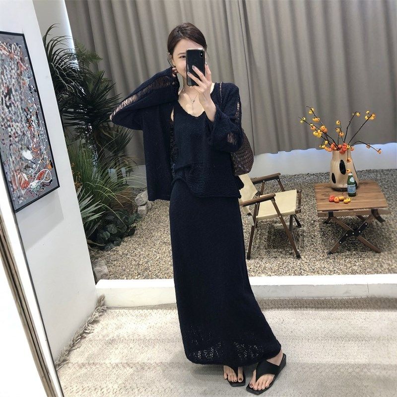 法式慵懒风镂空针织衫背心半身裙套装女202秋季高级感毛衣三件套