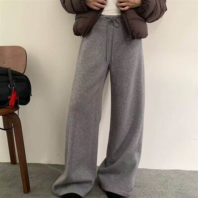 秋冬新款抽绳松紧腰纯色高级感宽松阔腿加绒保暖休闲裤拖地裤7752