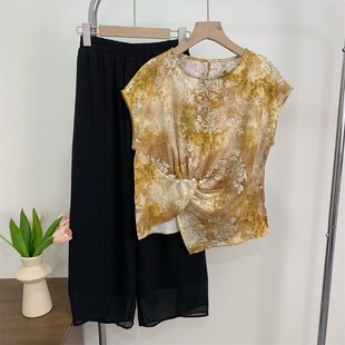 时尚妈妈夏装短袖T恤套装2025新款气质百搭中老年女装雪纺两件套