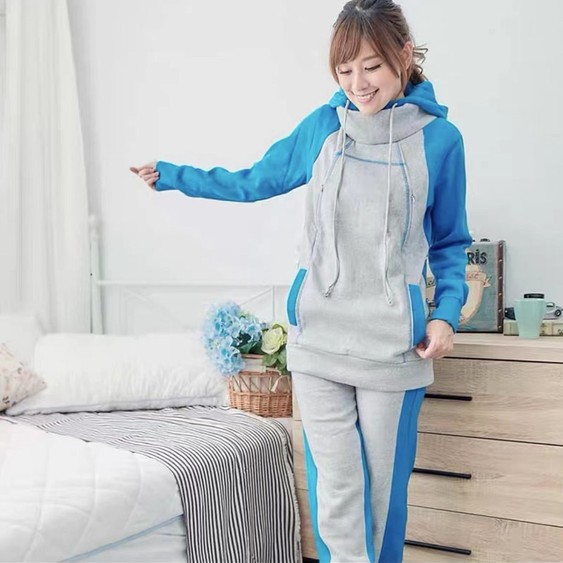 可哺乳 秋冬装新款2023街头套头女装厚T恤长袖休闲套装加绒加厚