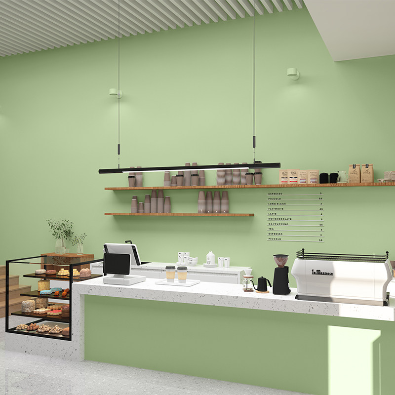 牛油果绿墙纸自粘店铺装修商用奶茶店水果店蛋糕店快餐店壁纸贴纸