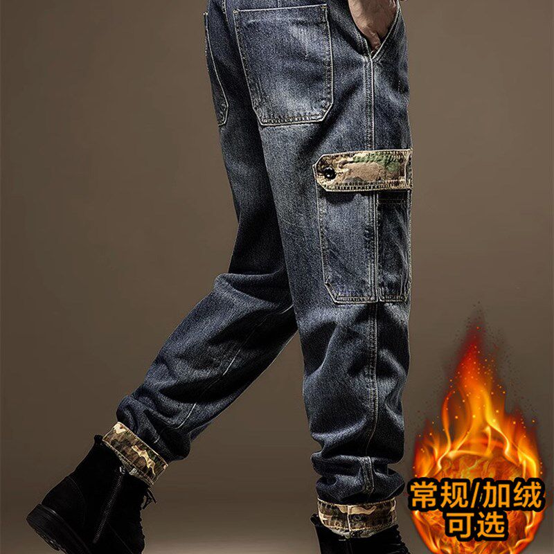美式重磅工装裤子男冬季春秋宽松直筒大码复古加绒休闲男士牛仔裤