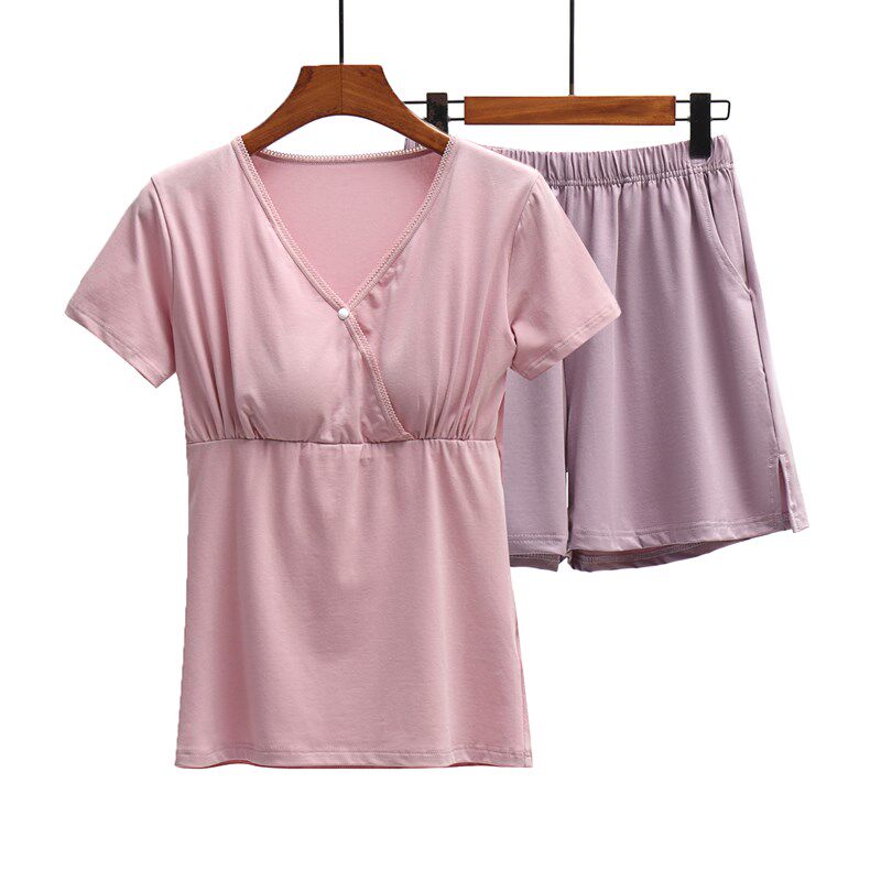 月子服冰瓷棉哺乳睡衣夏季薄款短袖短裤套装孕妇产后喂奶衣家居服
