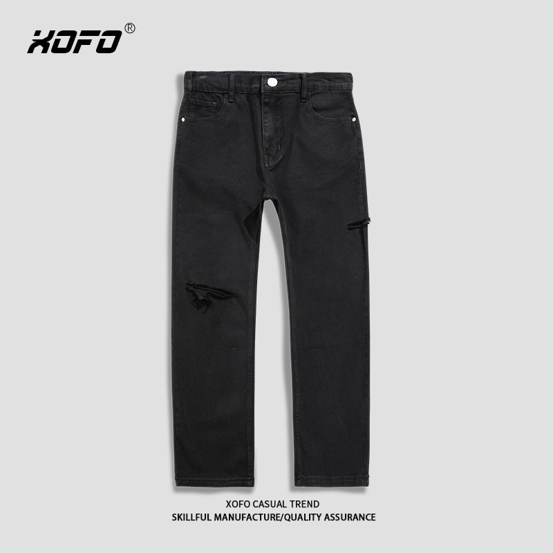 松紧腰牛仔裤男款夏季新款黑色破洞直筒宽松百搭休闲长裤男弹力