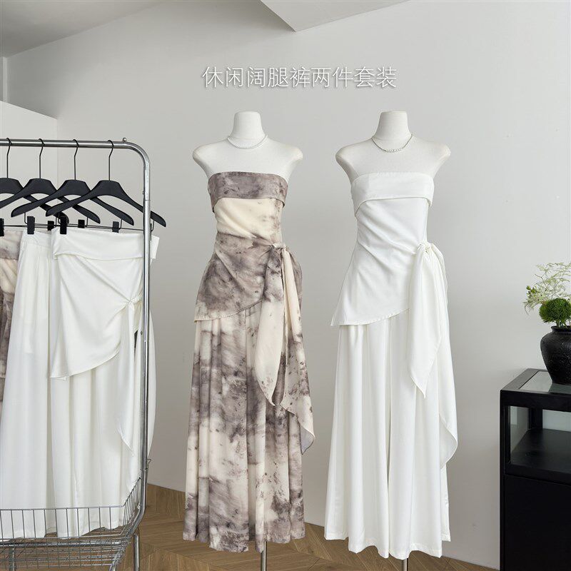 一字肩抹胸上衣女春夏季休闲阔腿裤洋气时髦气质高级感两件套装女