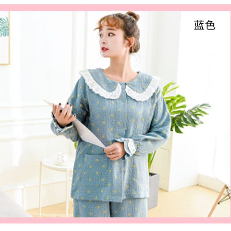 女春秋款纯棉纱布蕾丝长袖长裤家居服哺乳月子服印花套装外穿睡衣