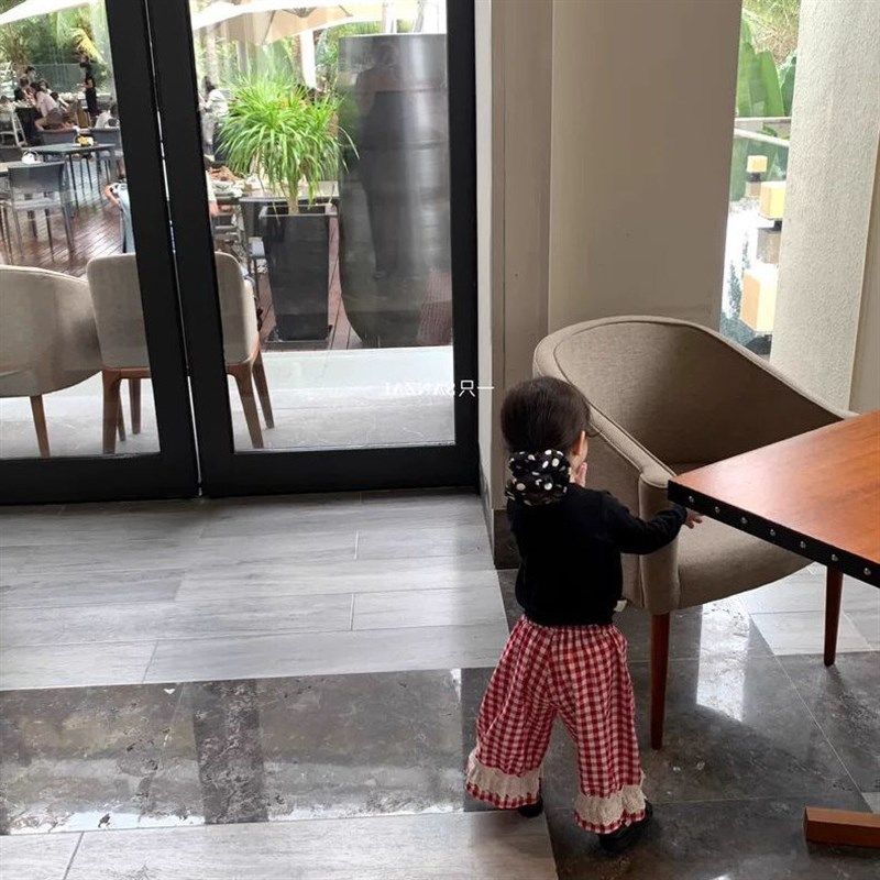 女童夏装格子阔腿裤幼儿园棉麻休闲裤宝宝夏款韩版蕾丝花边直筒裤