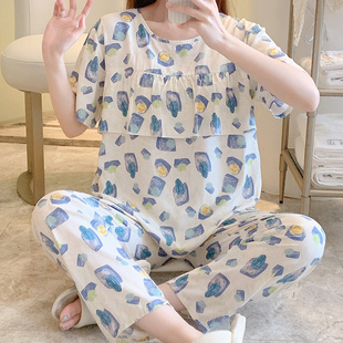 短袖长裤棉绸睡衣女夏季薄款防凸点家居服夏天甜美可外穿绵绸套装