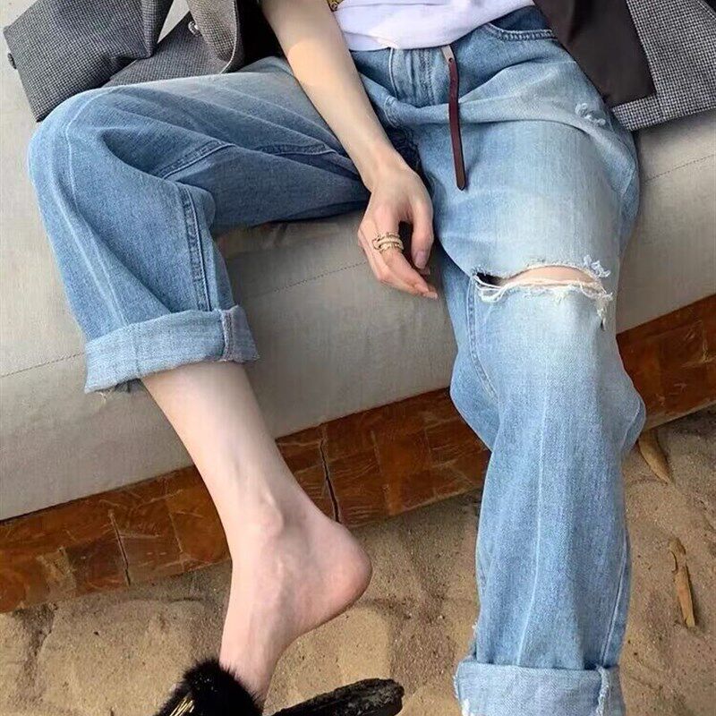 孕妇牛仔裤春夏款外穿哈伦裤宽松薄款破洞九分老爹裤女时尚裤子潮
