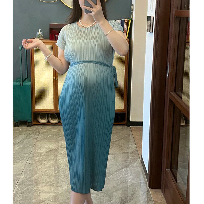 孕妇短袖圆领长裙褶皱连衣裙渐变晕染宽松系腰带显瘦弹力直筒裙