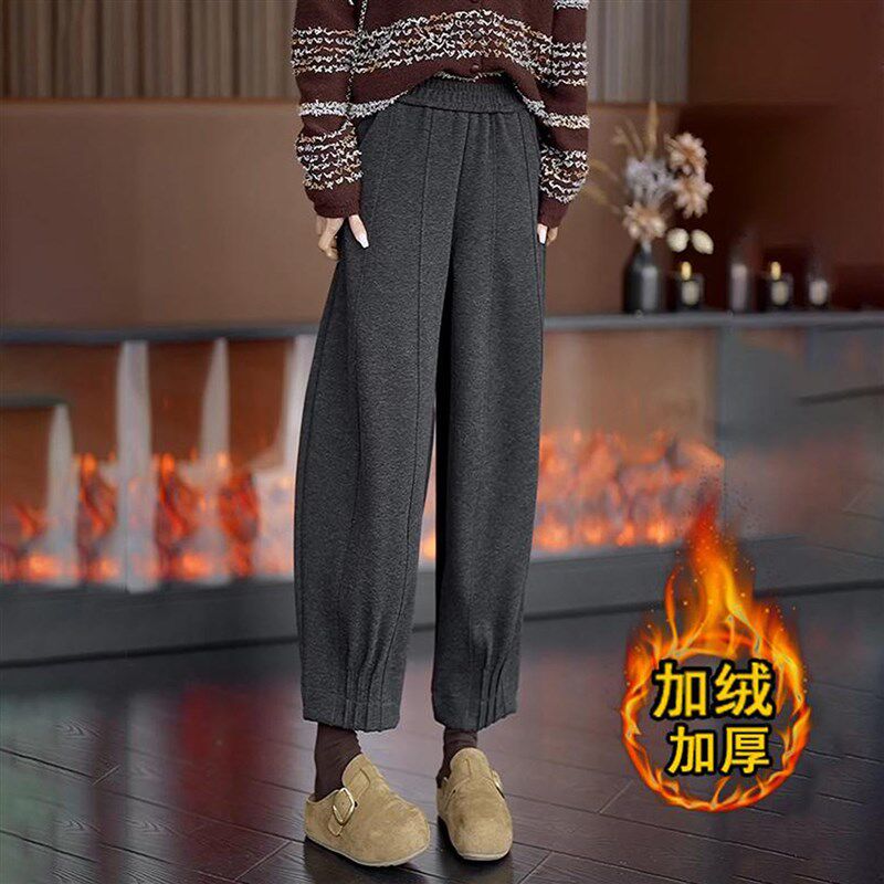 073妖服饰加绒加厚毛呢灯笼裤女秋冬高腰垂感镰刀休闲哈伦萝卜裤