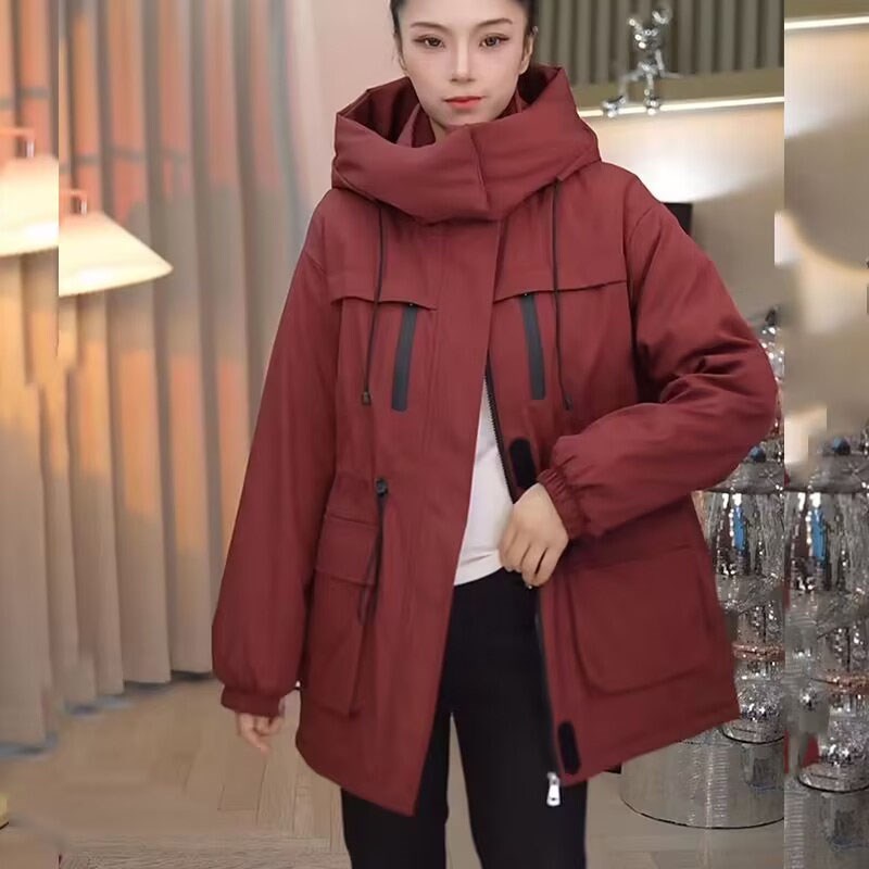 韩版休闲连帽中长款冲锋衣女2024秋冬新款夹棉保暖高级感工装上衣