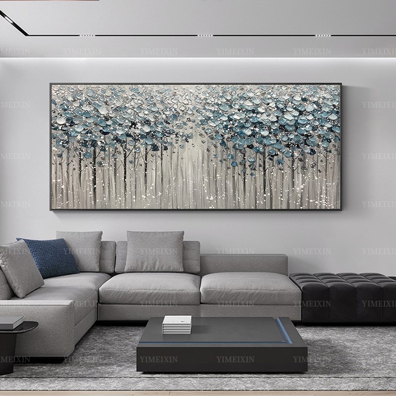 纯手绘油画现代新中新轻奢客厅沙发背景墙装饰画大幅树林雪景挂画