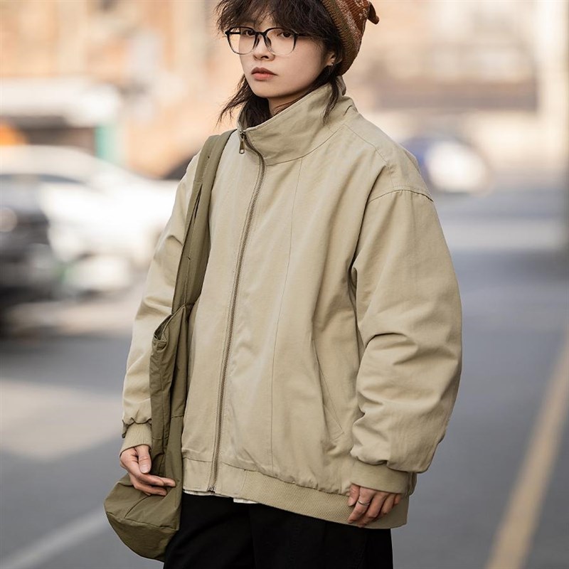 弎狸TIP 春秋日系复古纯色立领工装外套基础宽松接头户外教练夹克