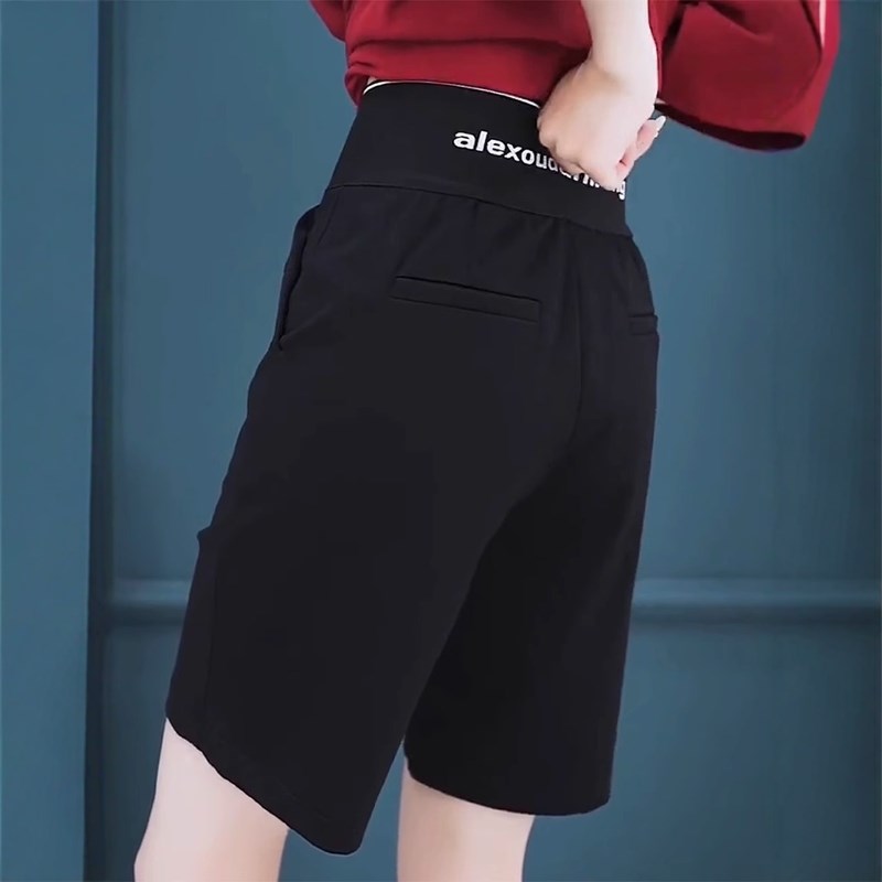 2025年夏季新款高腰黑色休闲短裤子女大码高腰显瘦弹力五分直筒裤