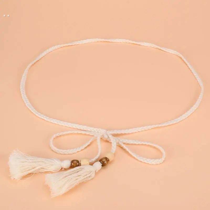 文艺范棉绳编织腰链 配裙子女士长款打结腰带 流苏装饰窄款腰链女