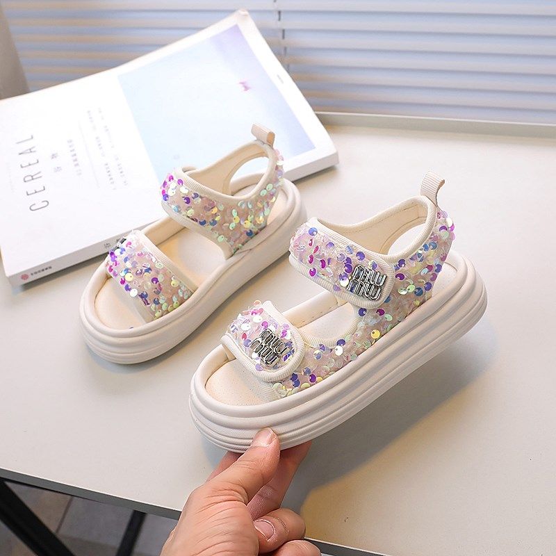 女童洋气亮片沙滩鞋2025夏季新款儿童露趾凉鞋小女孩白色韩版童鞋