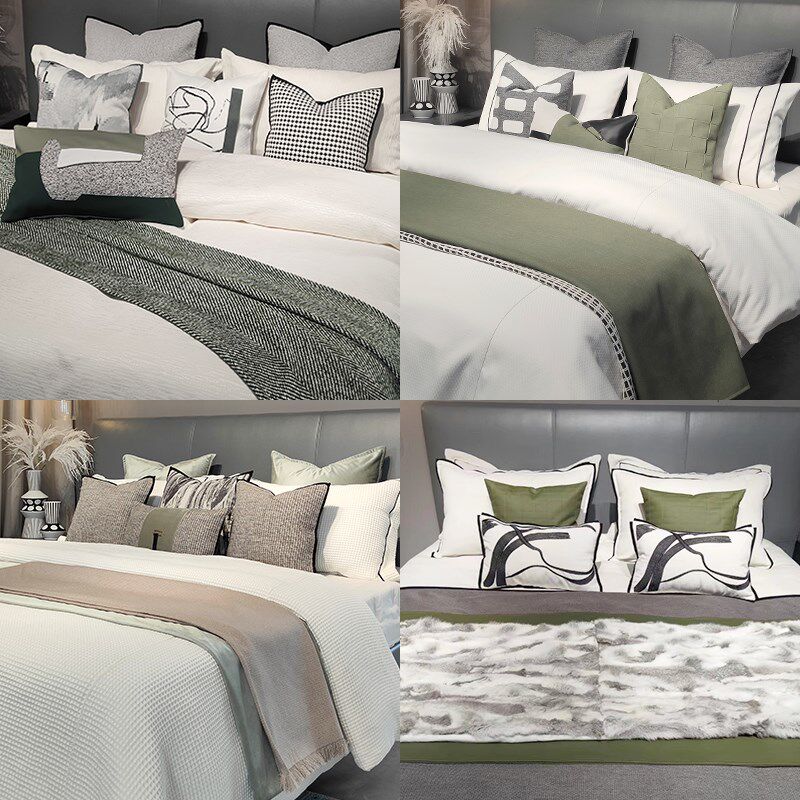 现代轻奢主卧清新绿色样板间床品展厅别墅软N装床品搭毯抱枕多件