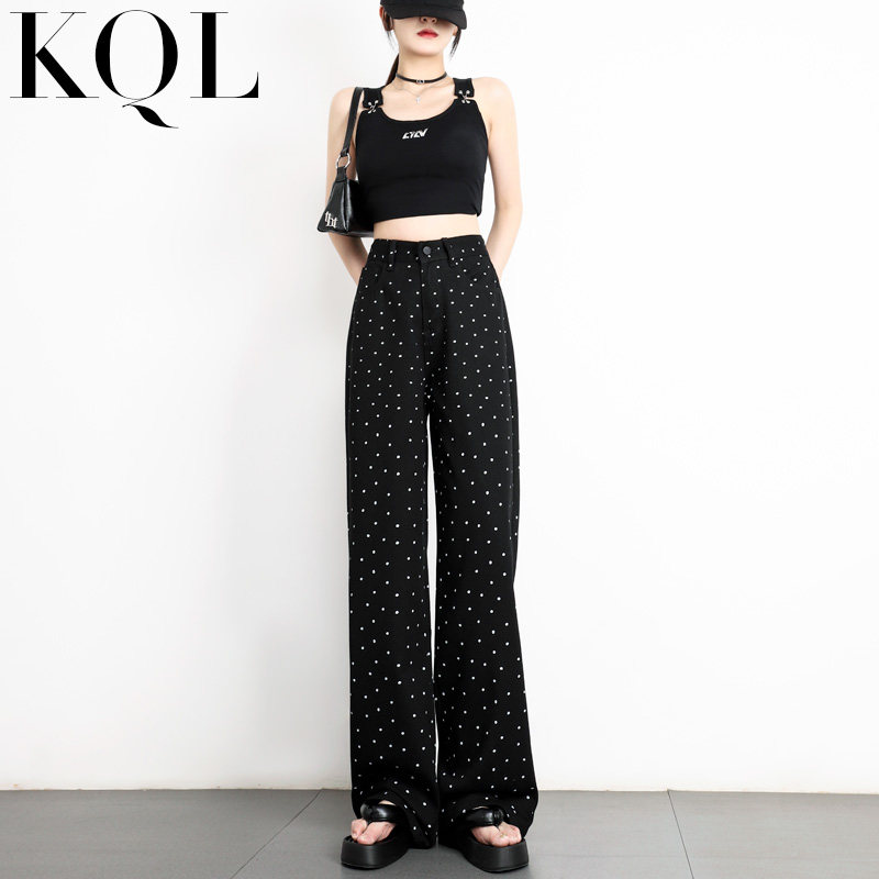 黑色波点直筒牛仔裤女2024年新款夏季薄款高腰宽松显瘦阔腿拖地裤