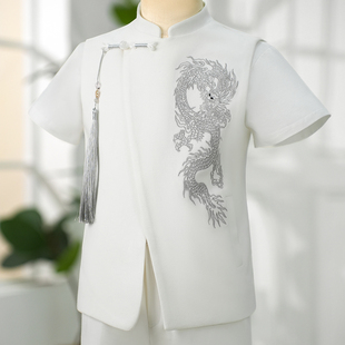 儿童西装套装2024新款夏季中式主持人礼服男童白色钢琴演出服生日