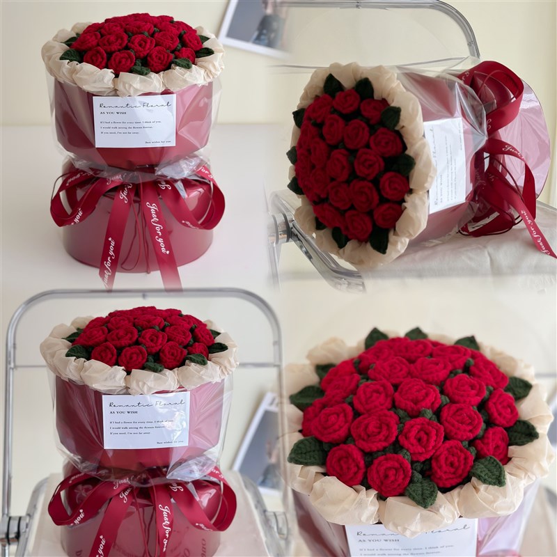 成品手工针织毛线花多头泡泡玫瑰花束送闺蜜男女友生日情人节礼物