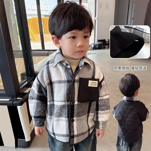 洋气拼接~男童夹棉格子衬衫2024秋冬季童装中小童宝宝薄棉外套