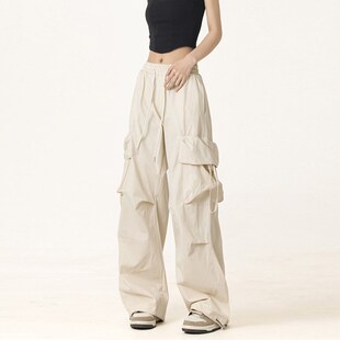 300斤特大码米白色工装裤女夏季胖mm薄款速干女裤宽松休闲伞兵裤