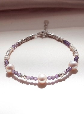 天然紫水晶摩斯密码智慧天然珍珠碎银子纯银细手錬礼物闺蜜送女友