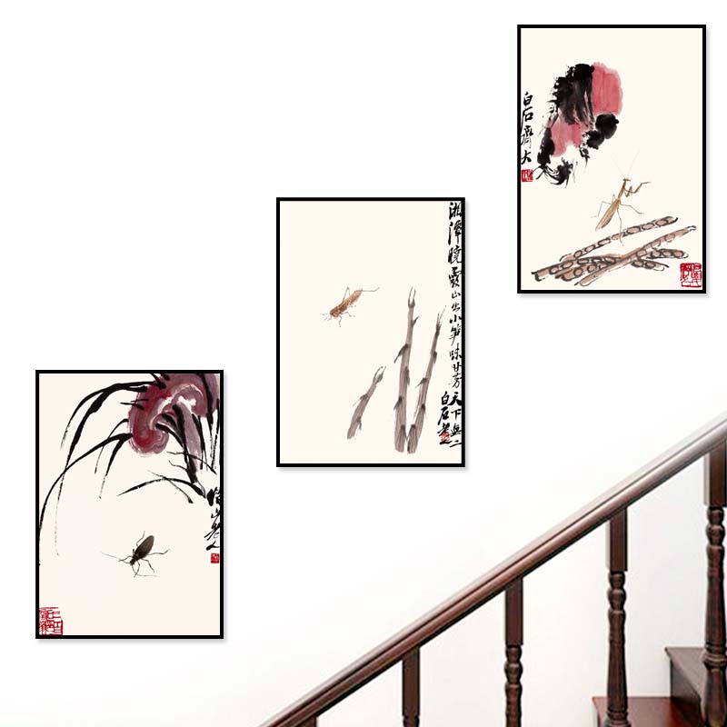 新中式装饰画楼梯间齐白石挂画书房办公室壁画P客厅沙发背景墙壁图片