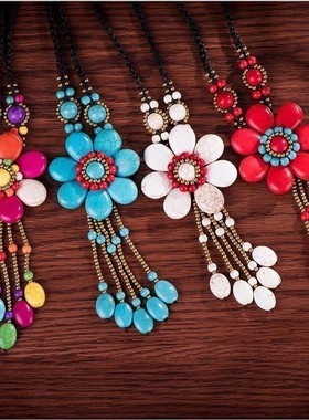 复古项链女毛衣链长款百搭秋冬简约精致民主风松石花朵流苏装饰链