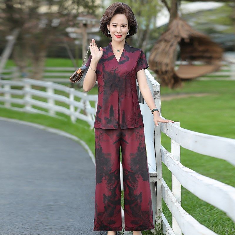 中老年女装时尚阔腿裤两件套中年妈妈夏装遮肚大码宽松短袖套装女