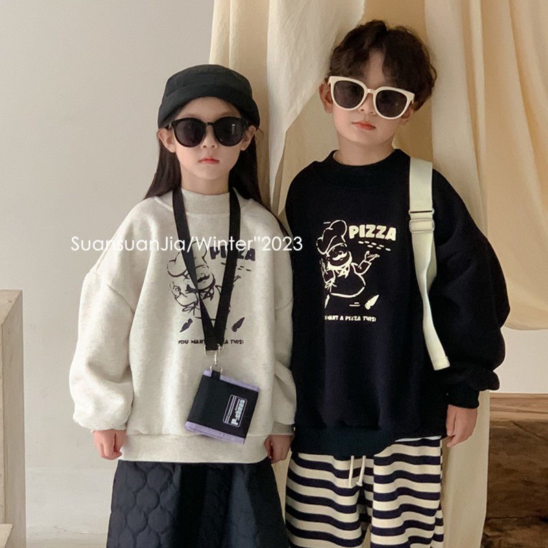 韩系童装儿童休闲厨师加绒卫衣秋冬新品男女童宽松套头上衣洋派潮