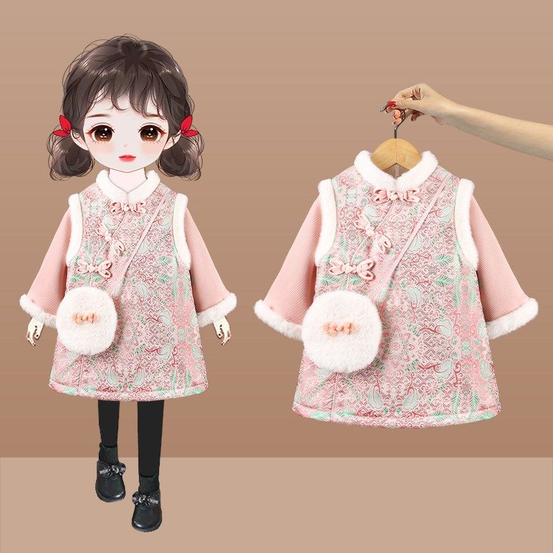 女童国风拜年服套装宝宝唐装旗袍裙周岁礼服儿童马甲背心裙两件套