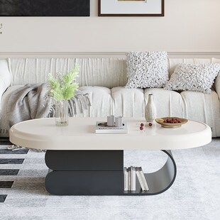 原木椭圆形奶油风茶几客厅家用小户型网红椭圆形设计感岩板小茶几