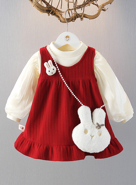 女童加绒连衣裙秋冬套装周岁女宝洋气公主裙儿童抓周宴礼服两件套