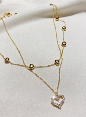 韩国金色多层叠戴爱心满钻项链日韩个性小L同学锁骨链颈链可拆分