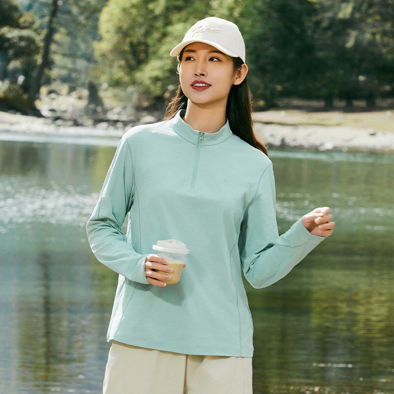 户外立领速干衣女长袖春夏薄款透气吸汗弹力M徒步登山跑步运动T恤