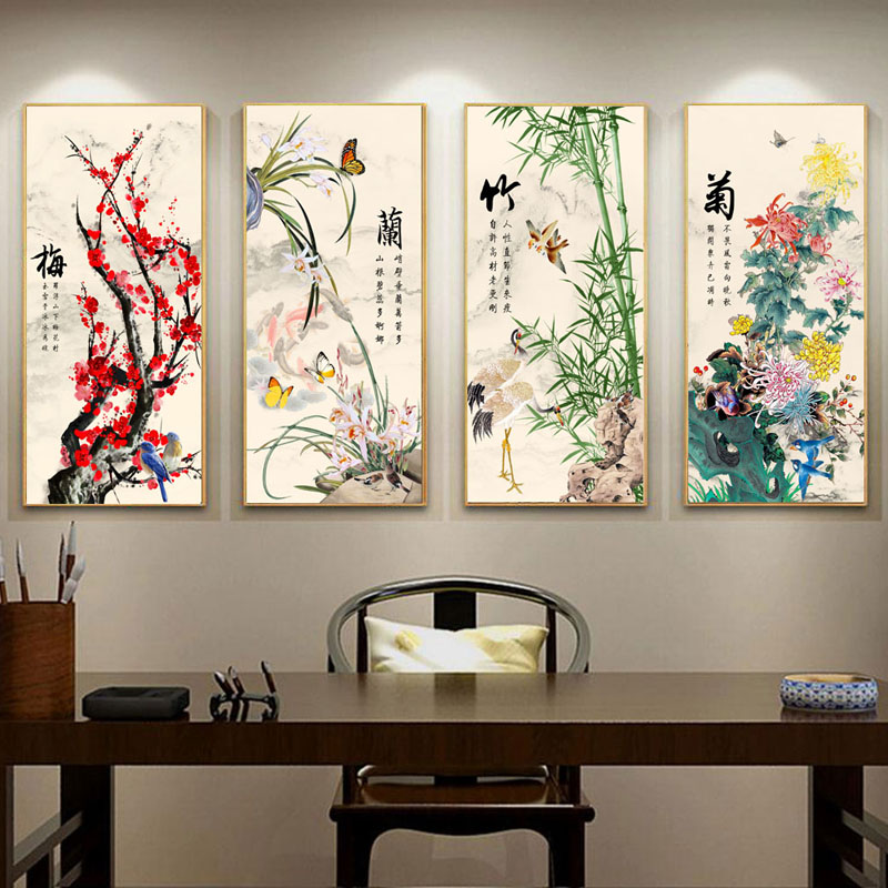 梅兰竹菊国画丝绸画卷轴挂画客厅办公装饰风景画花鸟水墨画已装裱
