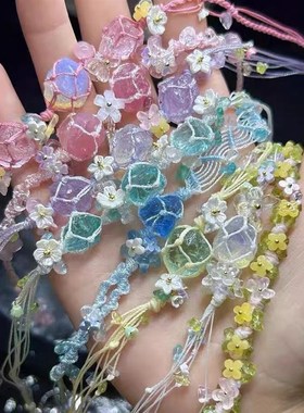 彩色水晶手链纯手工编织网兜手绳复古风女闺蜜礼物小众高级感串珠