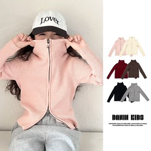 【嗒囜】女童冬季双头拉链高领针织开衫儿童洋气韩版百搭毛衣外套